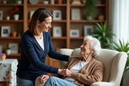 Accompagnatrice à domicile aidant une personne âgée dans un salon familial chaleureux
