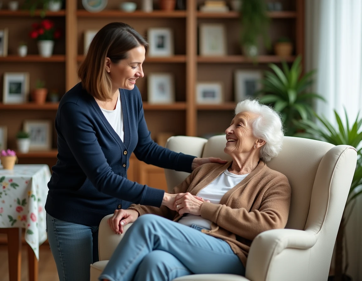 Accompagnatrice à domicile aidant une personne âgée dans un salon familial chaleureux