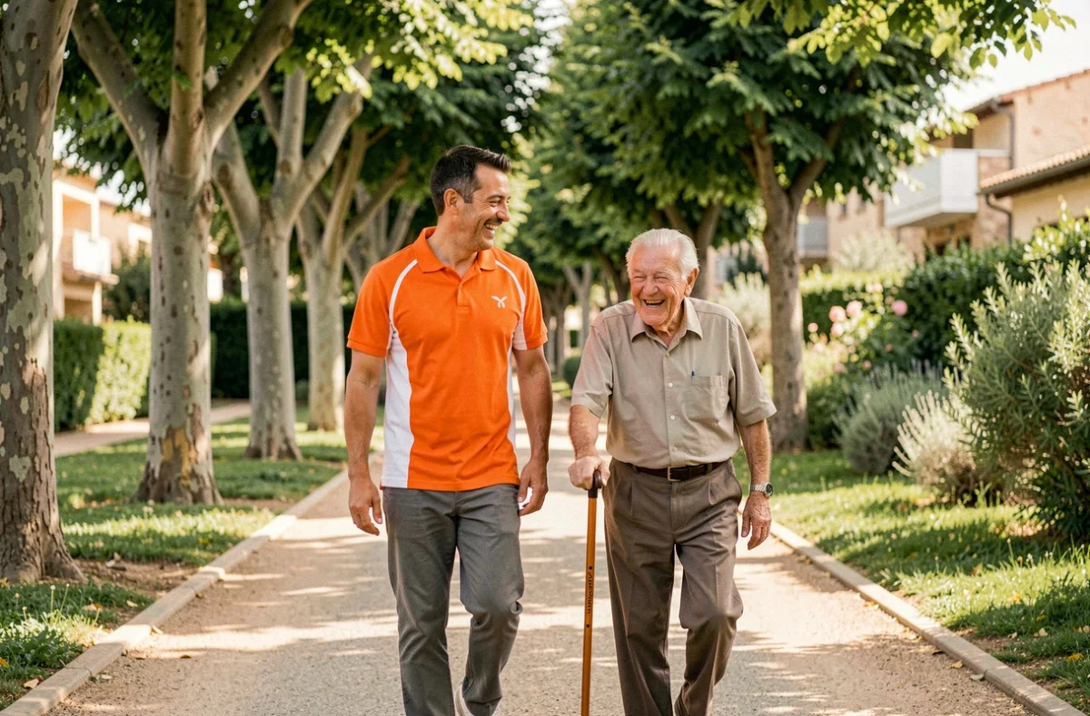Un intervenant Age d'Or Services Montpellier accompagne un senior lors d'une promenade dans un parc ombragé du quartier résidentiel de Montpellier.