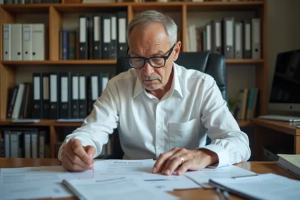 Agent de maîtrise à la retraite examinant son bulletin de paie et ses documents de pension à son bureau à domicile