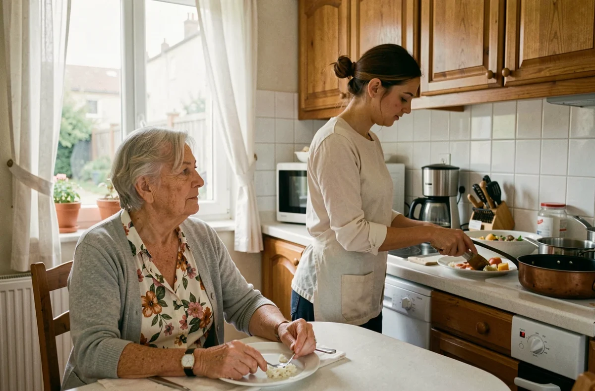 Aide à domicile préparant un repas pour une personne âgée dans une cuisine de banlieue parisienne