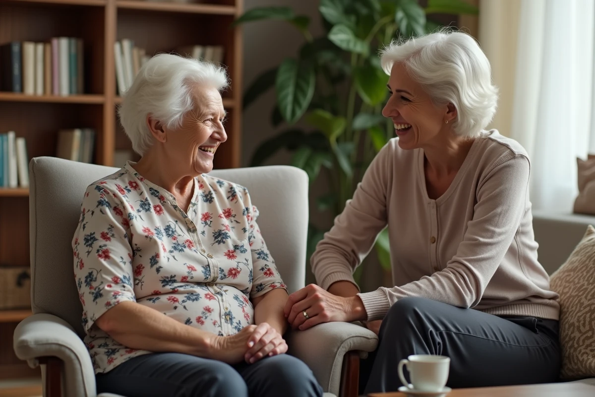 Personne âgée et aide à domicile en conversation bienveillante dans un salon confortable pour le maintien à domicile