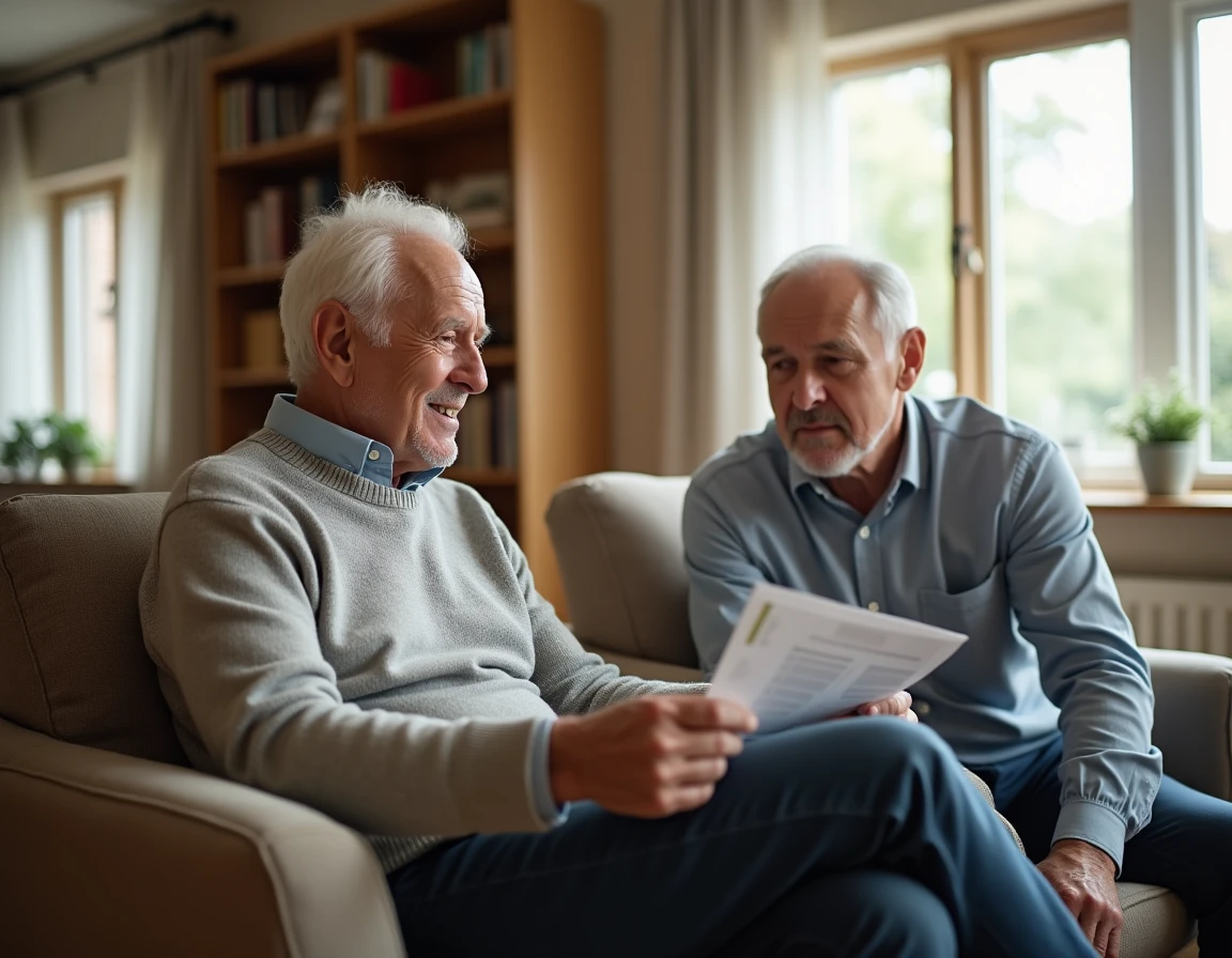 Un homme âgé et son fils adulte consultent une brochure sur les aides financières pour financer une maison de retraite