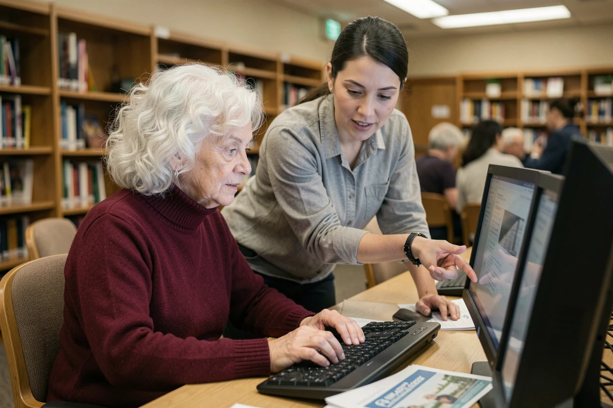 Femme âgée accompagnée par une bibliothécaire pour accéder à son compte retraite en ligne France Connect dans une bibliothèque publique