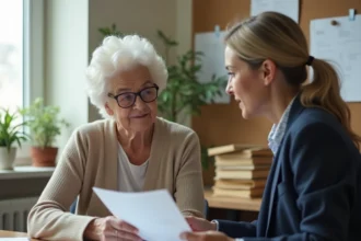 Une femme âgée et une assistante sociale examinent des documents d'aide financière pour maison de retraite dans un bureau administratif