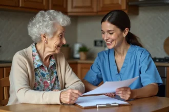 Femme âgée et aide-soignante discutent à la cuisine