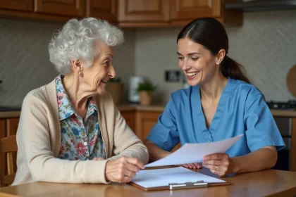 Femme âgée et aide-soignante discutent à la cuisine