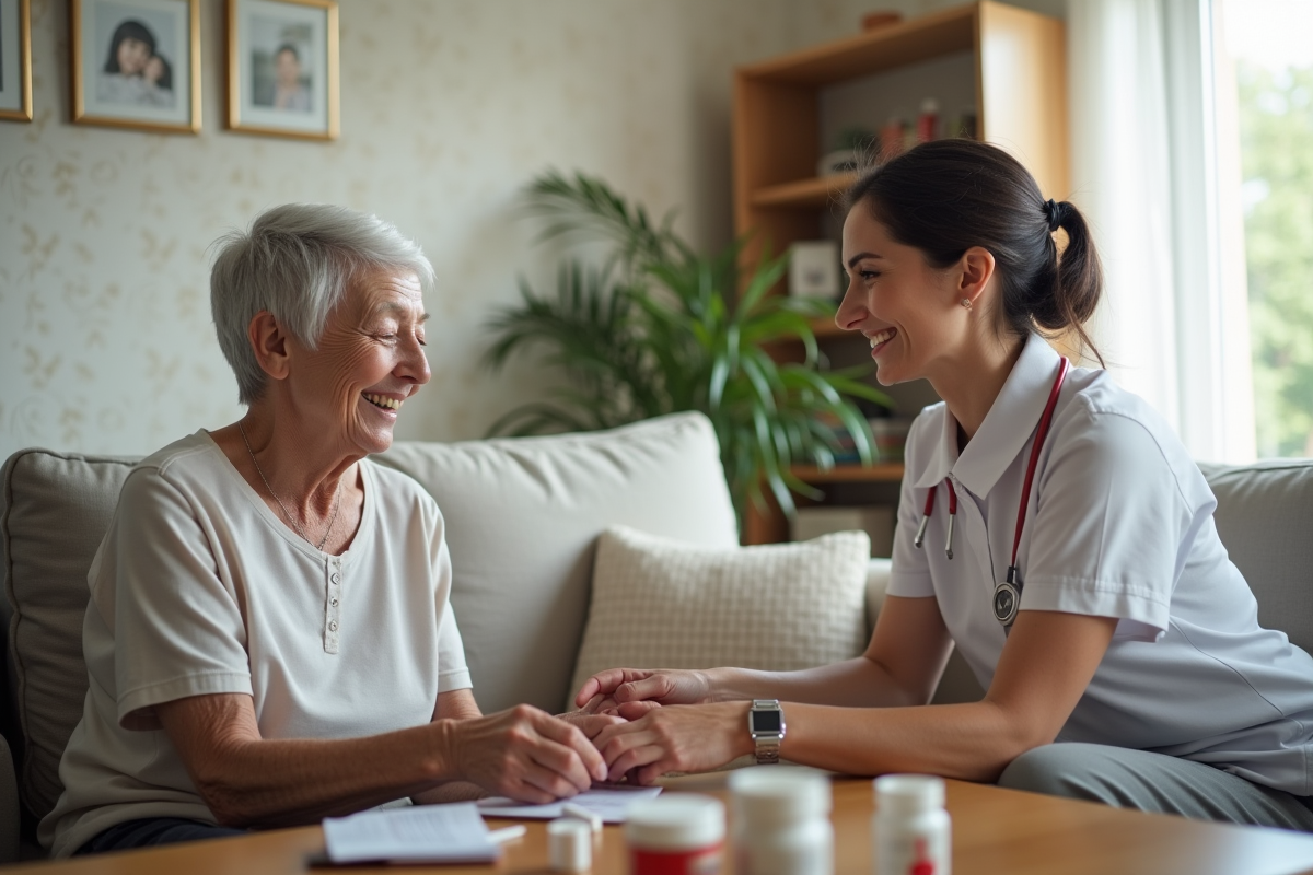 Aide-soignante aidant une femme âgée à organiser ses médicaments