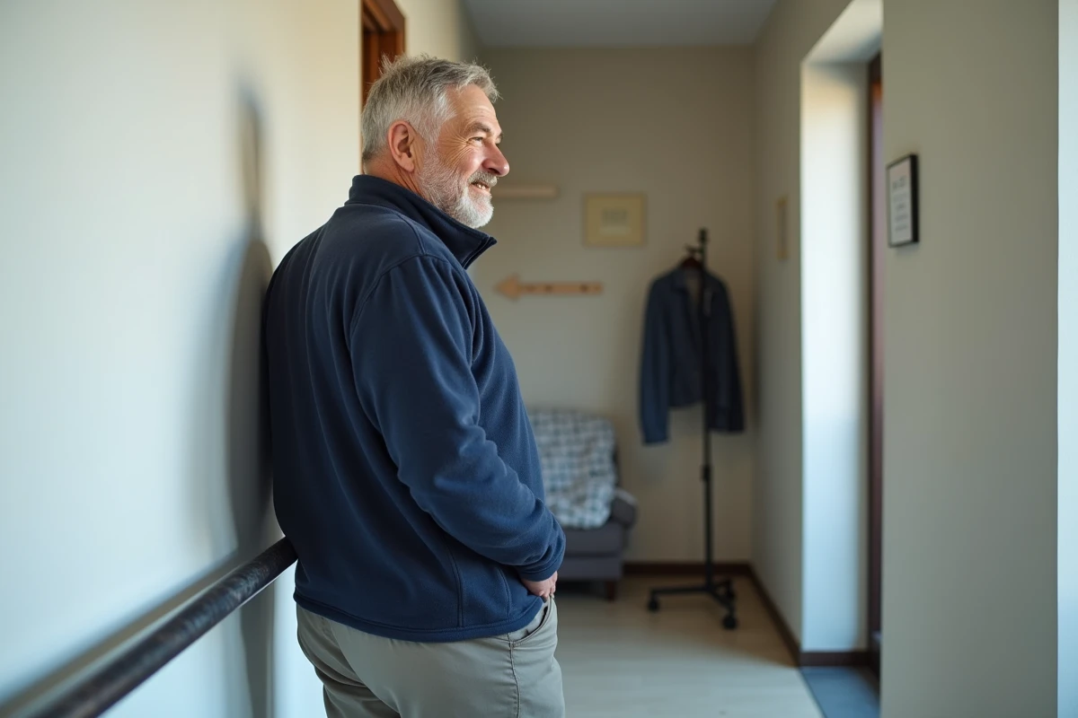 Homme senior dans un couloir aménagé avec rampe d'appui pour favoriser le maintien à domicile en toute sécurité