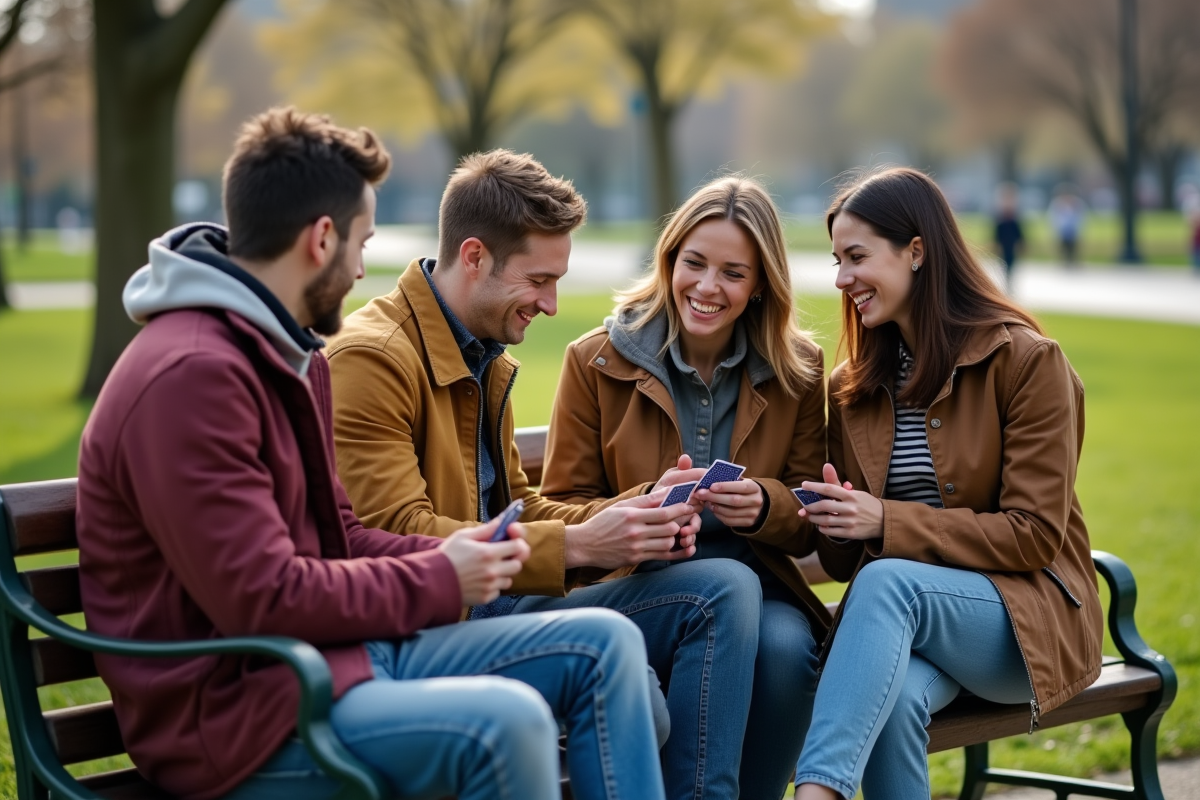 Groupe d amis jouant aux cartes dans un parc en plein air
