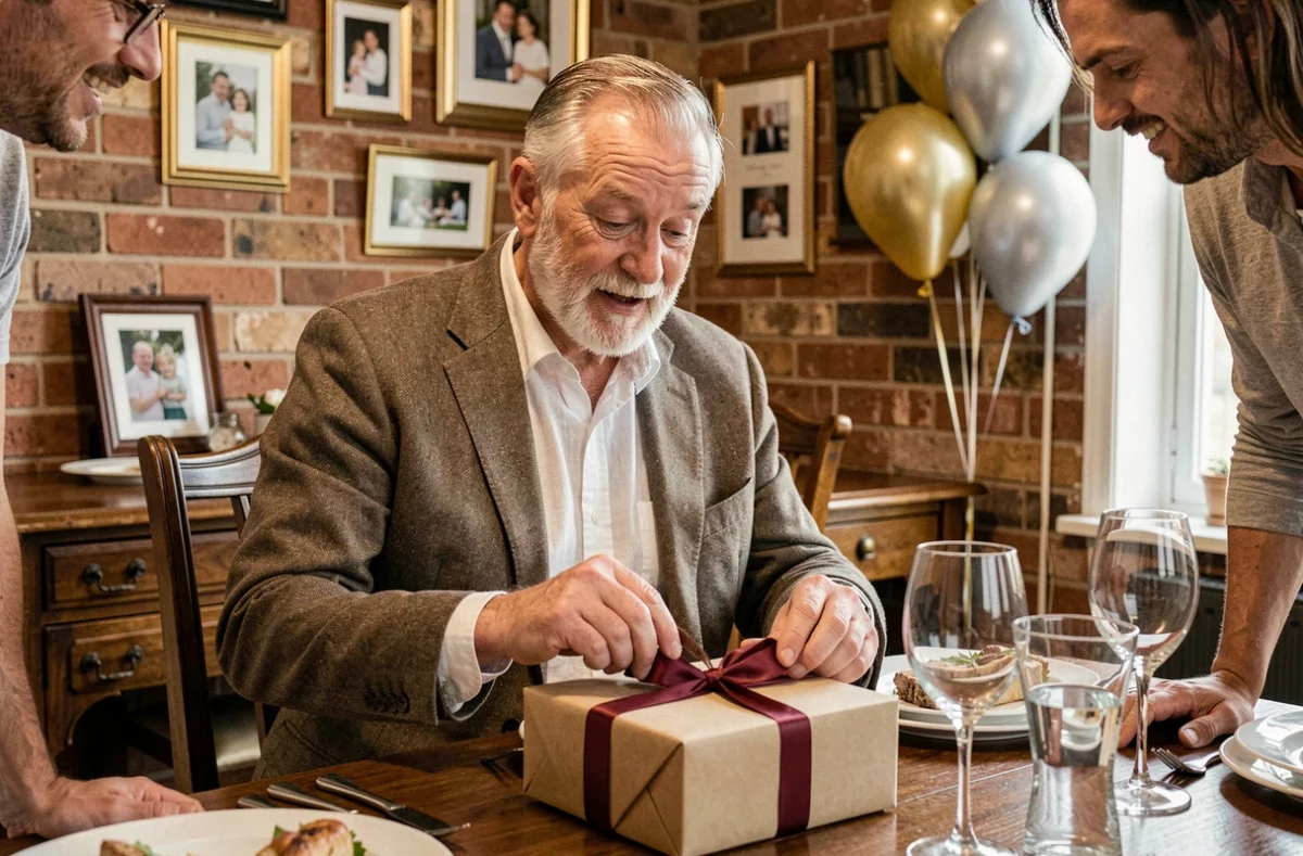 Homme de 70 ans élégant ouvrant un cadeau d'anniversaire entouré de sa famille dans une salle à manger décorée avec ballons dorés et argentés