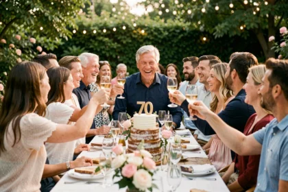 Homme de 70 ans souriant entouré de ses proches lors d'une fête d'anniversaire surprise en plein air avec gâteau et décoration festive