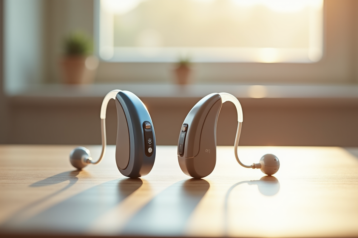 Deux appareils auditifs de marques differentes sur une table en bois