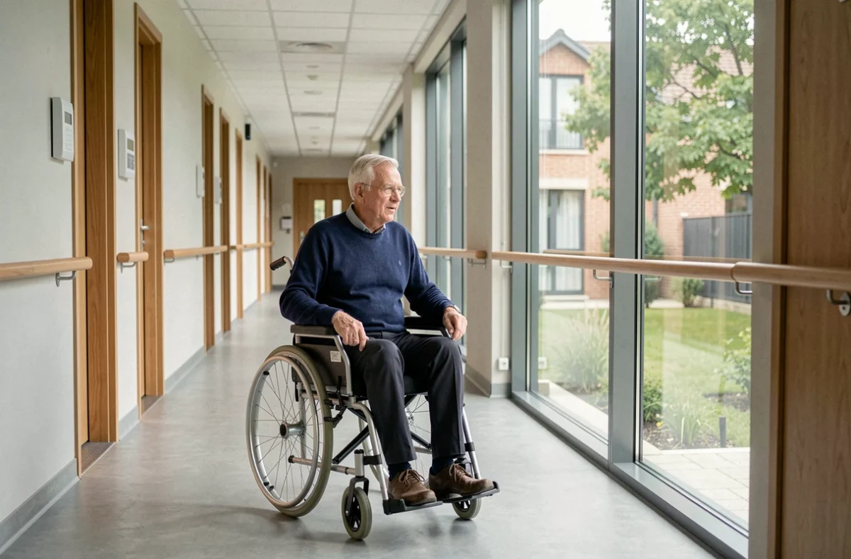 Résident senior en fauteuil roulant dans les couloirs accessibles des Appartements Mobicap Orléans