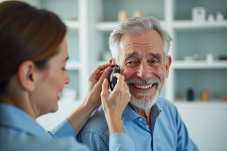 Audiologue aidant une personne agee dans une clinique lumineuse