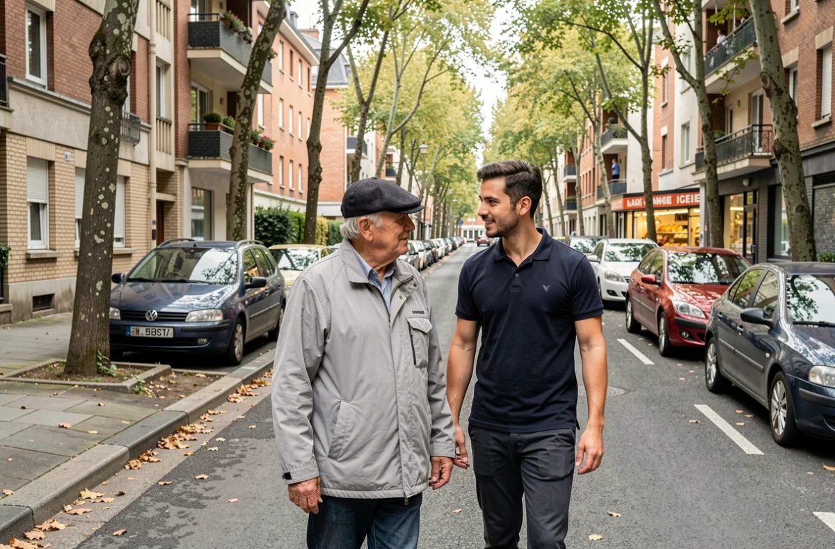 Auxiliaire de vie accompagnant un senior lors d'une promenade dans une rue résidentielle de la proche banlieue parisienne