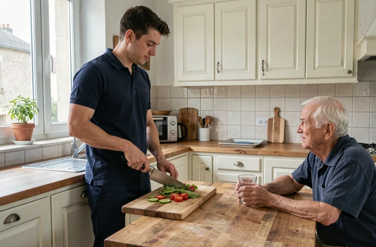 Auxiliaire de vie préparant un repas pour un senior à domicile, service à la personne dans la Vienne