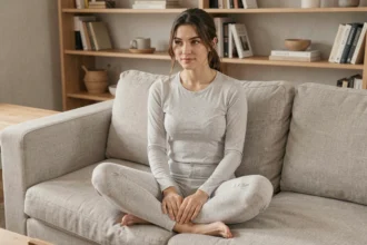 Femme adulte portant un babygro discret gris clair en coton sur un canapé en lin, ambiance minimaliste scandinave