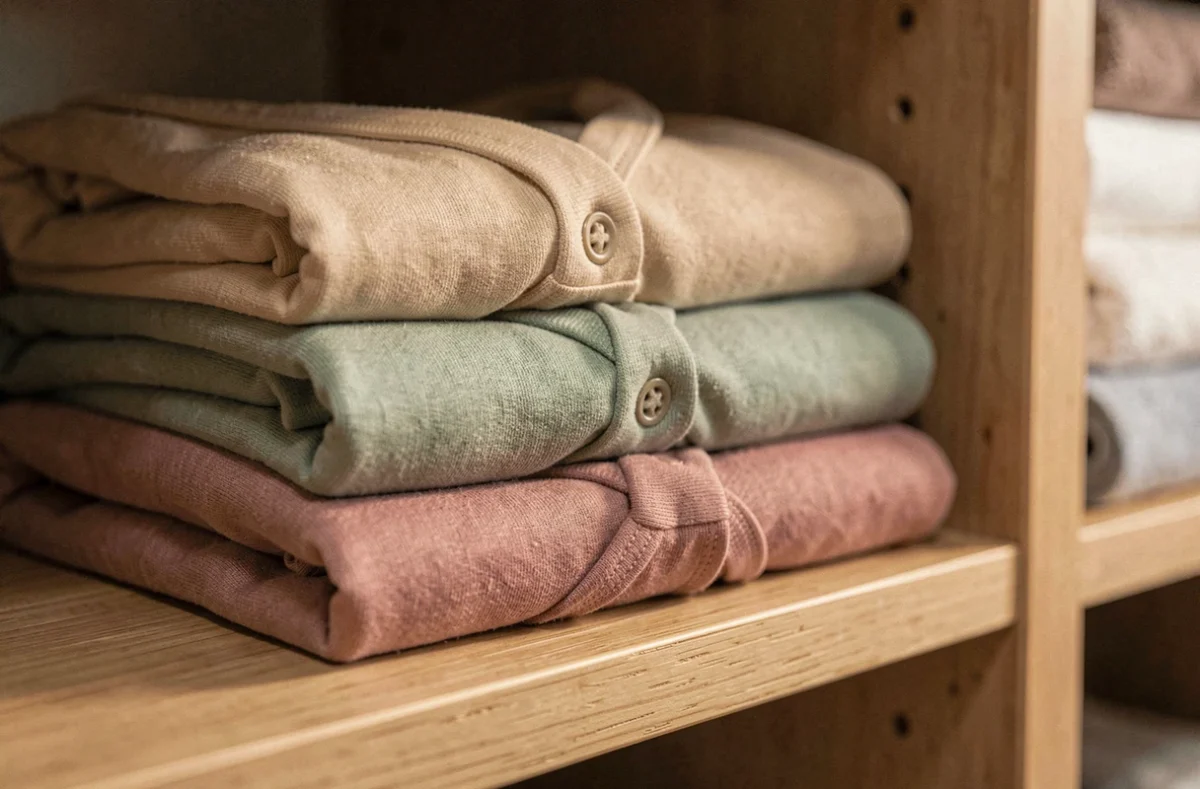 Pile de babygros adultes discrets pliés en tons neutres beige vert sauge et rose poudré sur une étagère en bois