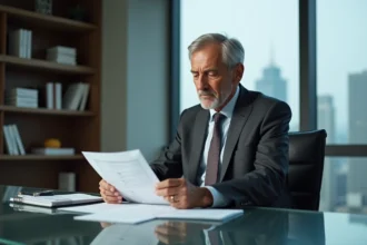 Cadre senior consultant en costume anthracite analysant des documents stratégiques dans un bureau moderne avec vue sur la ville