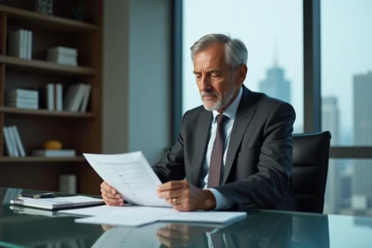 Cadre senior consultant en costume anthracite analysant des documents stratégiques dans un bureau moderne avec vue sur la ville