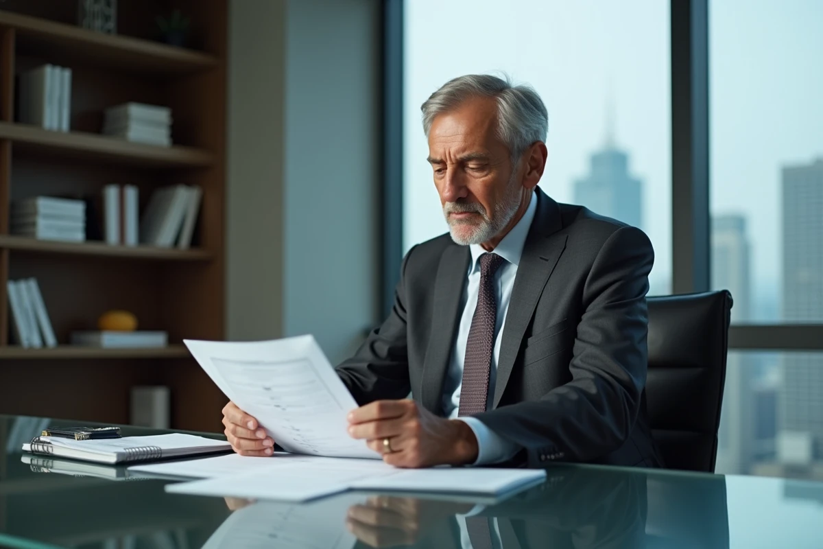 Cadre senior consultant en costume anthracite analysant des documents stratégiques dans un bureau moderne avec vue sur la ville