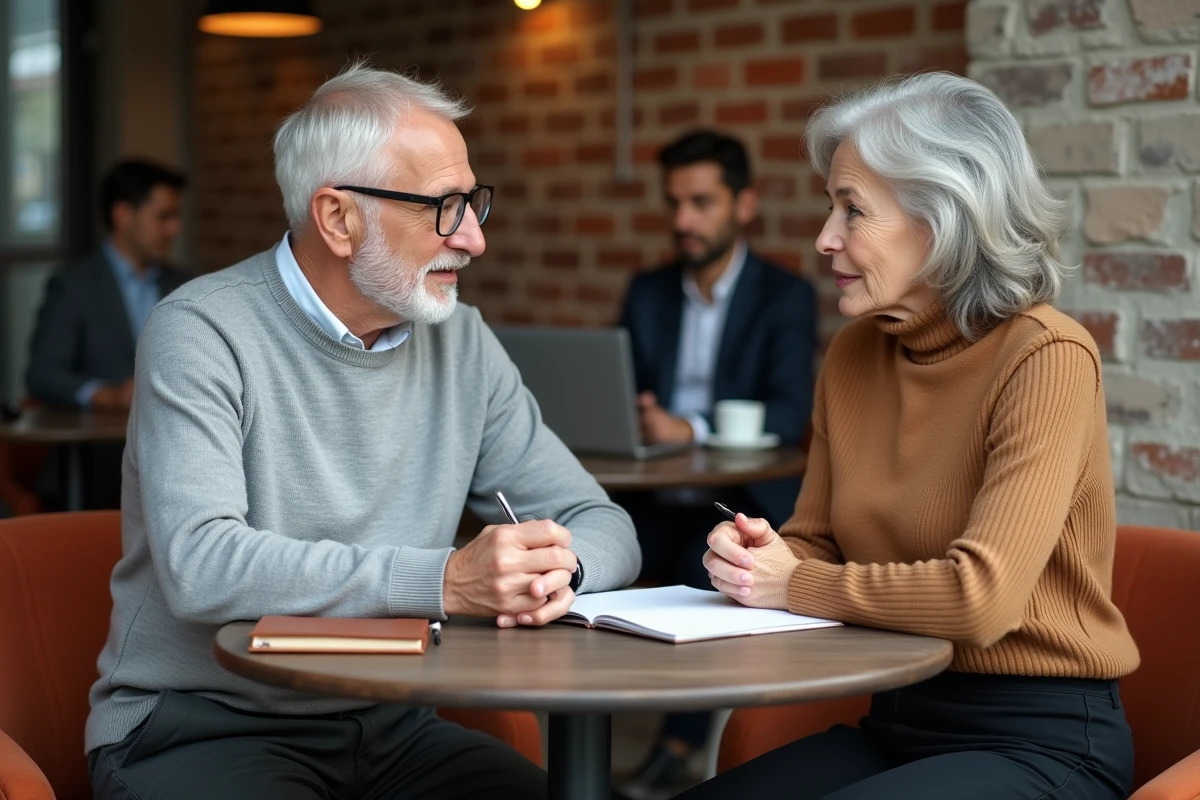 Deux cadres seniors en consultation stratégique informelle dans un espace de coworking moderne, échangeant sur le positionnement de niche