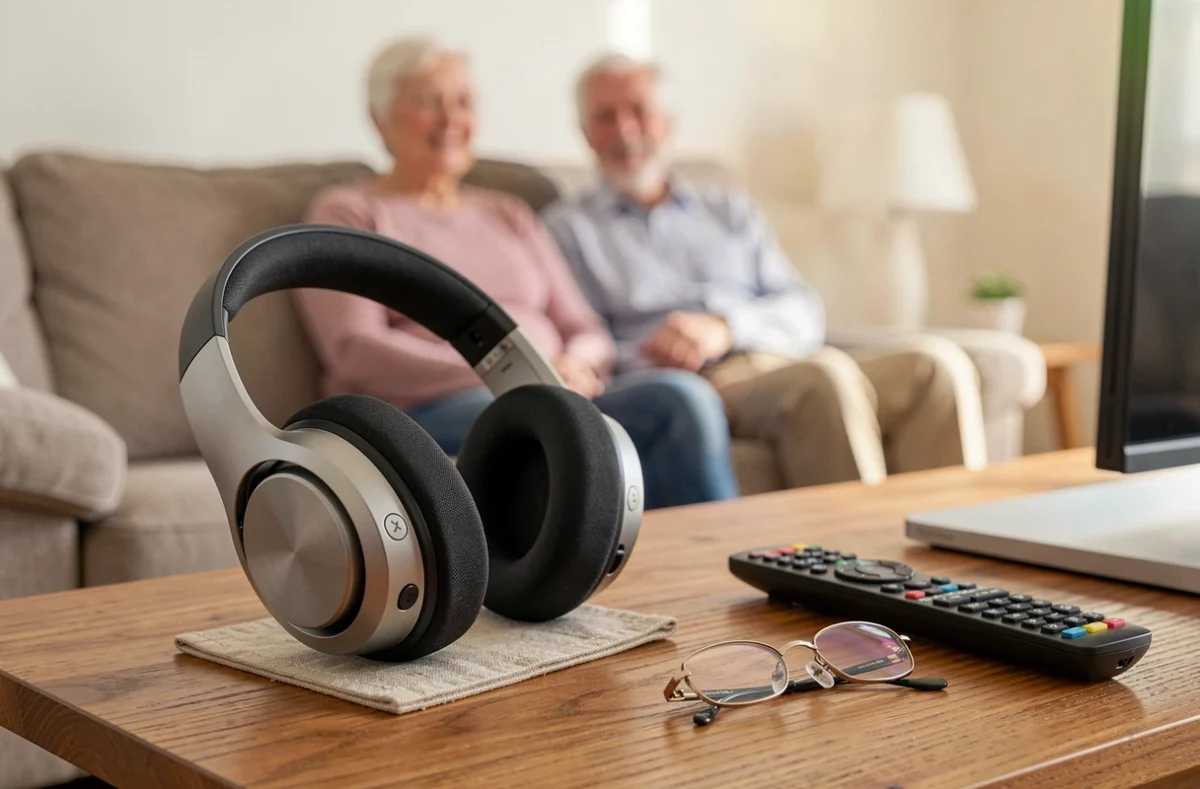 Casque TV senior sans fil posé sur une table en bois avec couple âgé en arrière-plan flou regardant la télévision ensemble