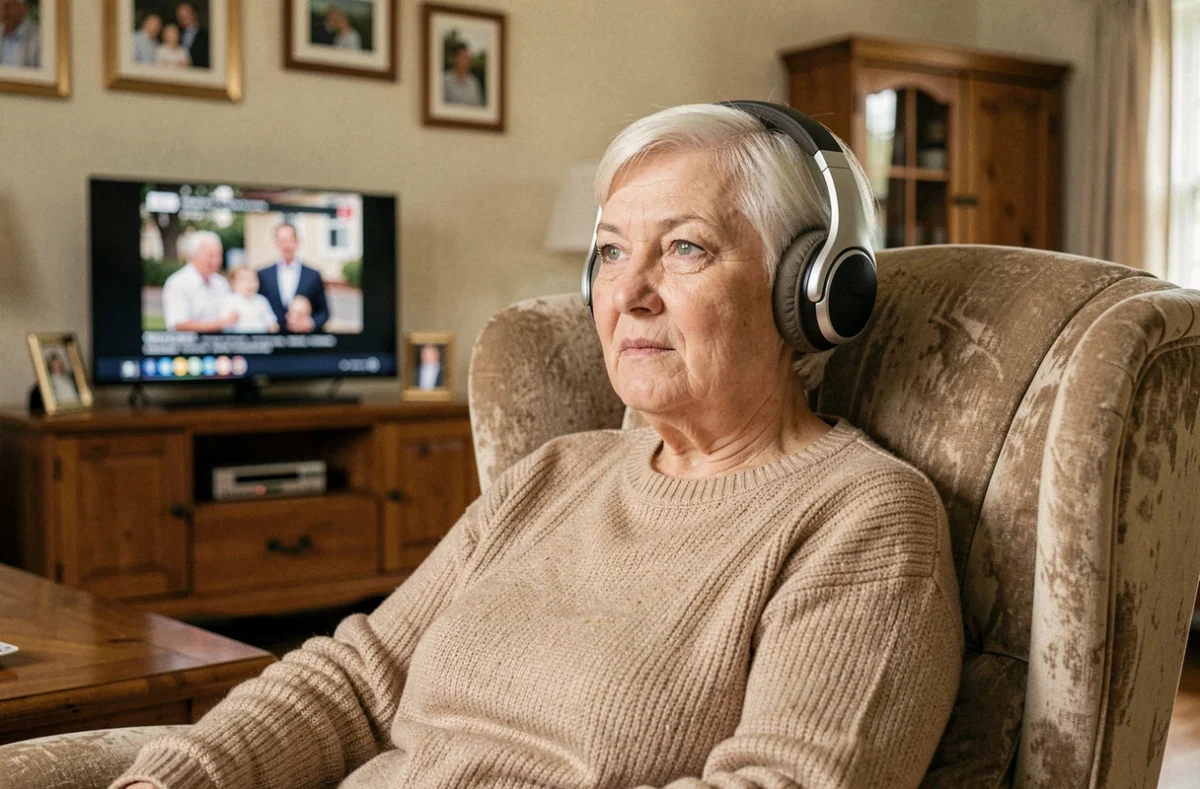 Senior femme portant un casque TV sans fil pour malentendants dans son salon, regardant la télévision avec une expression détendue