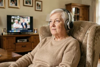 Senior femme portant un casque TV sans fil pour malentendants dans son salon, regardant la télévision avec une expression détendue
