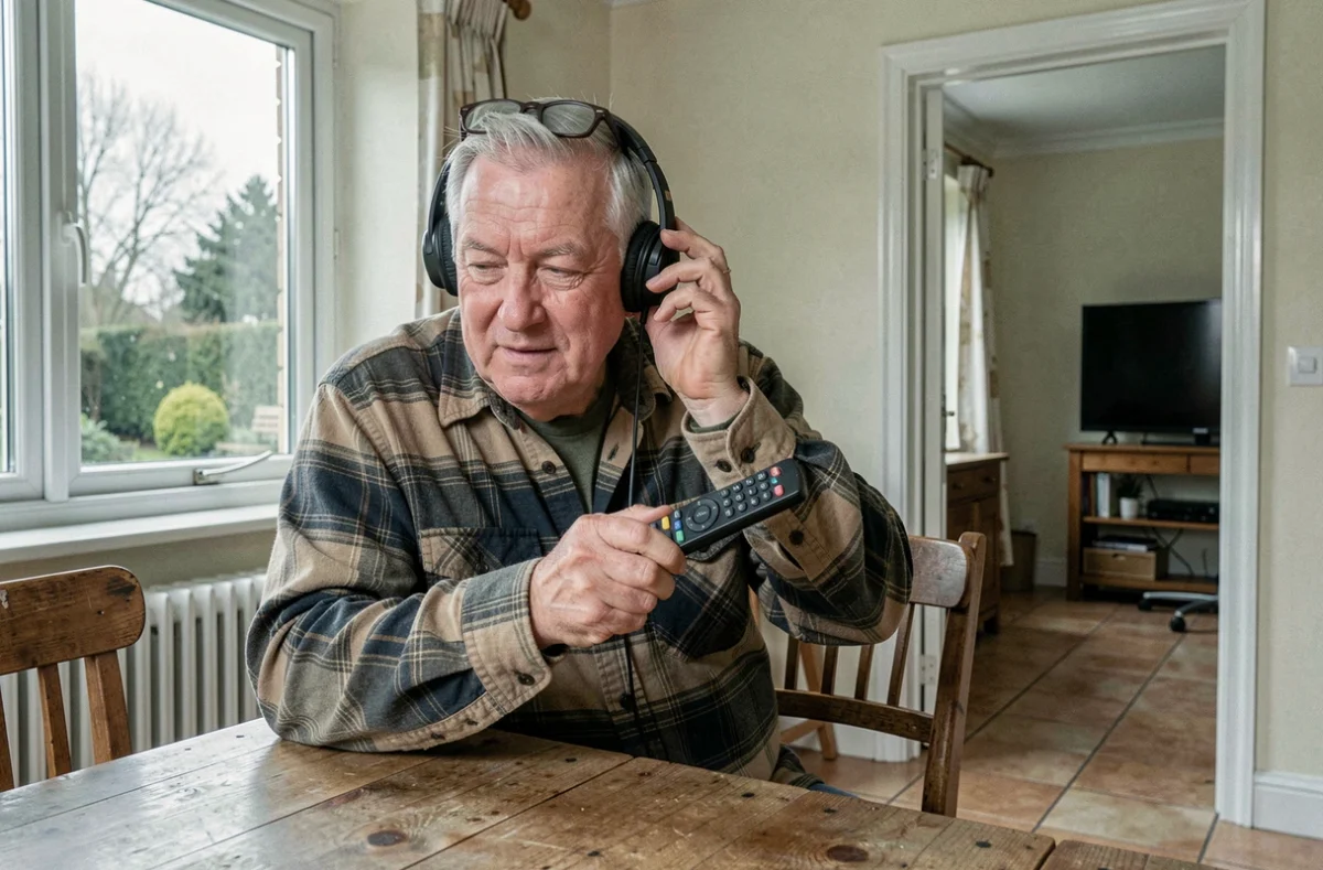 Homme senior réglant le volume de son casque TV sans fil dans une maison de campagne, vue trois quarts dans un intérieur authentique