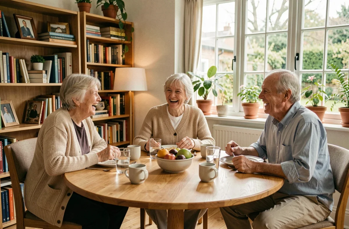 Trois seniors partageant un repas convivial autour d'une table en bois dans une maison de colocation senior