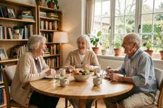 Trois seniors partageant un repas convivial autour d'une table en bois dans une maison de colocation senior