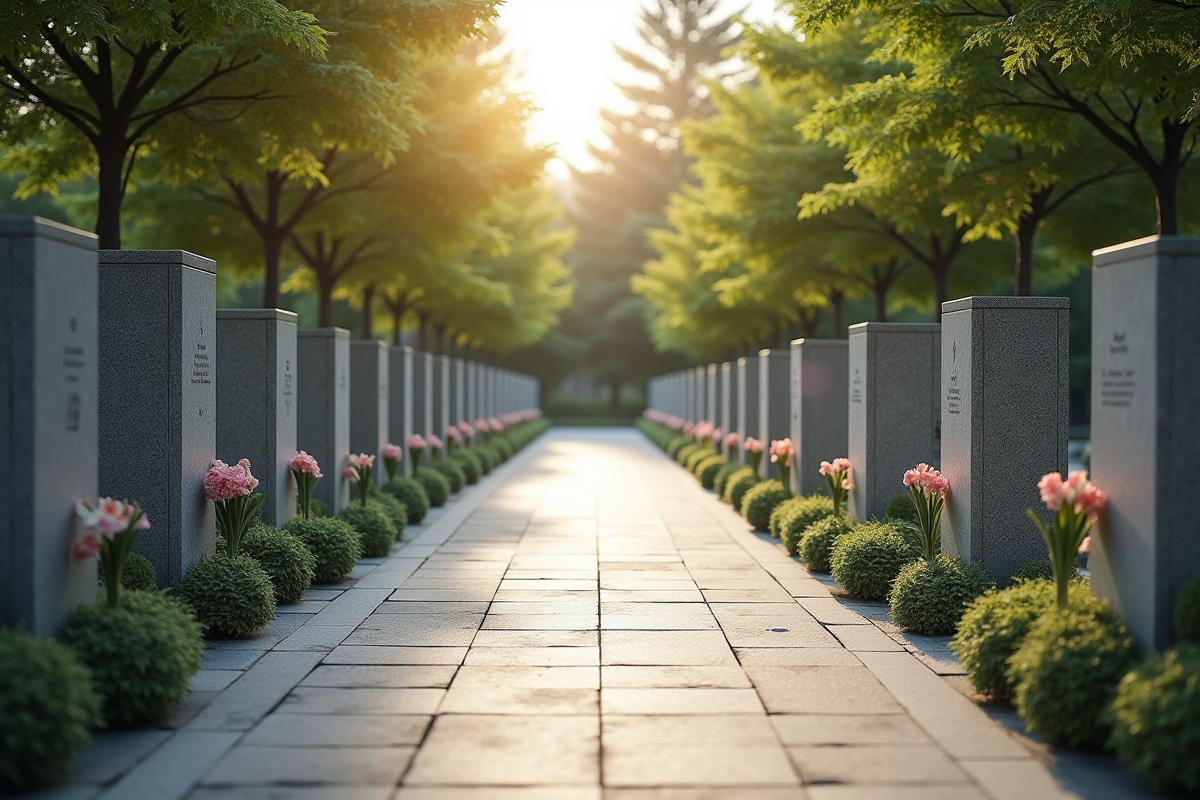 Columbarium extérieur paisible avec plaques commémoratives et fleurs