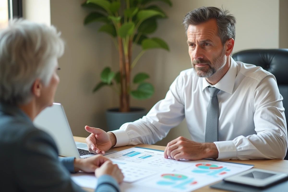 Conseiller financier expliquant le calcul de la pension de réversion à une cliente retraitée dans un bureau