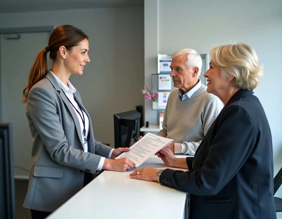 Une conseillère en action sociale remet un document informatif à un couple de retraités dans un espace d'accueil de services publics