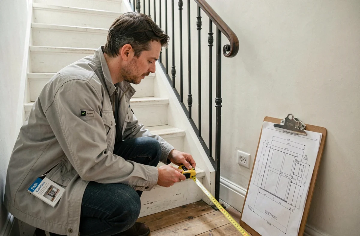 Consultant en accessibilité mesurant la largeur d'un escalier étroit dans un appartement haussmannien pour évaluer l'installation d'un élévateur PMR