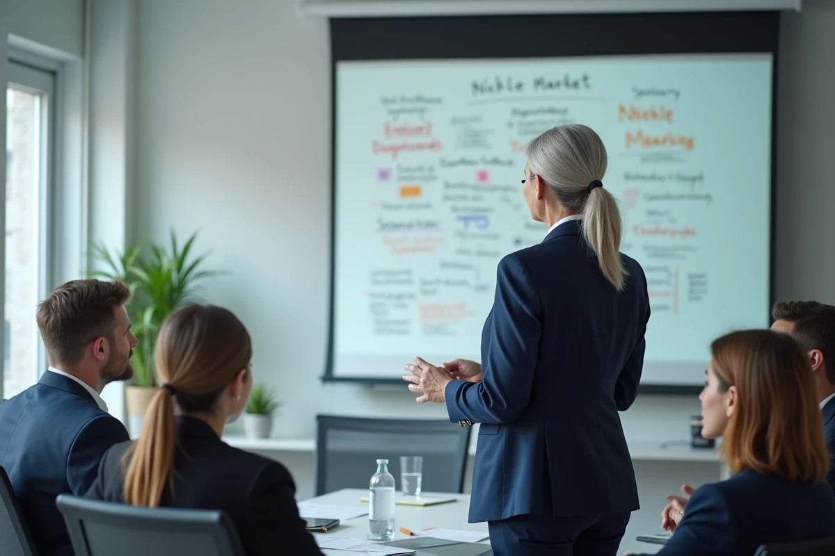 Consultante senior experte présentant une stratégie de positionnement de niche à un groupe de dirigeants en salle de réunion