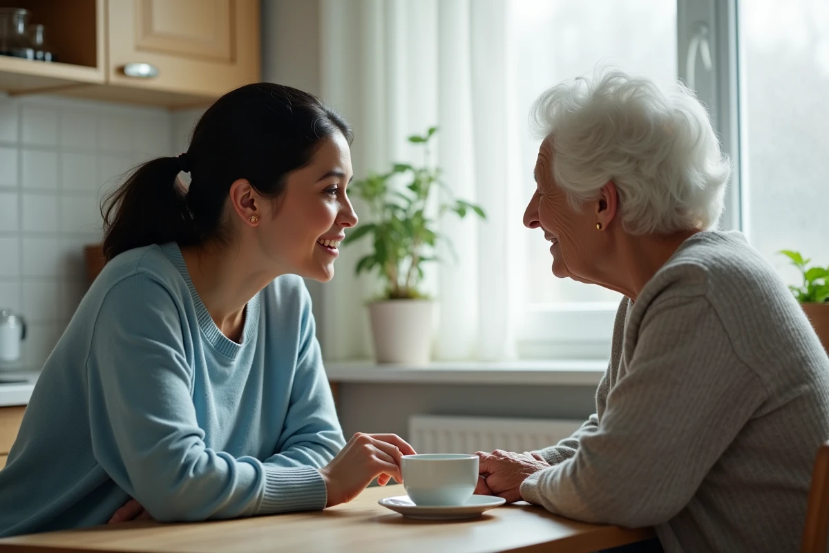 Fille adulte discutant avec douceur avec sa mère âgée somnolente autour d'une tasse de thé, illustrant comment aborder le sujet du sommeil excessif chez les personnes âgées
