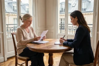 Coordinatrice de soins à domicile en réunion avec une senior dans un appartement haussmannien parisien