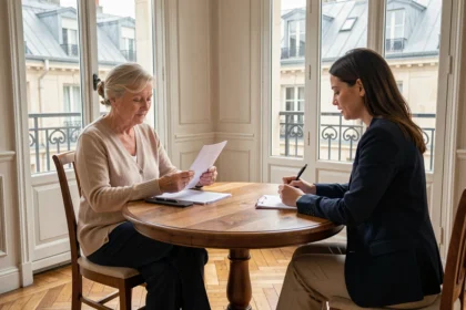 Coordinatrice de soins à domicile en réunion avec une senior dans un appartement haussmannien parisien