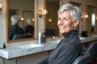 Femme âgée avec une coupe courte pixie argentée assise dans un fauteuil de salon de coiffure, reflétant un lifting naturel et une élégance assumée