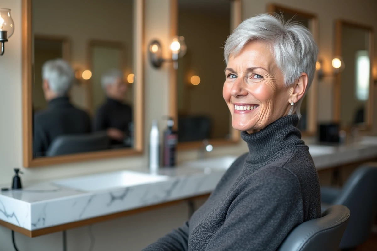 Femme âgée avec une coupe courte pixie argentée assise dans un fauteuil de salon de coiffure, reflétant un lifting naturel et une élégance assumée