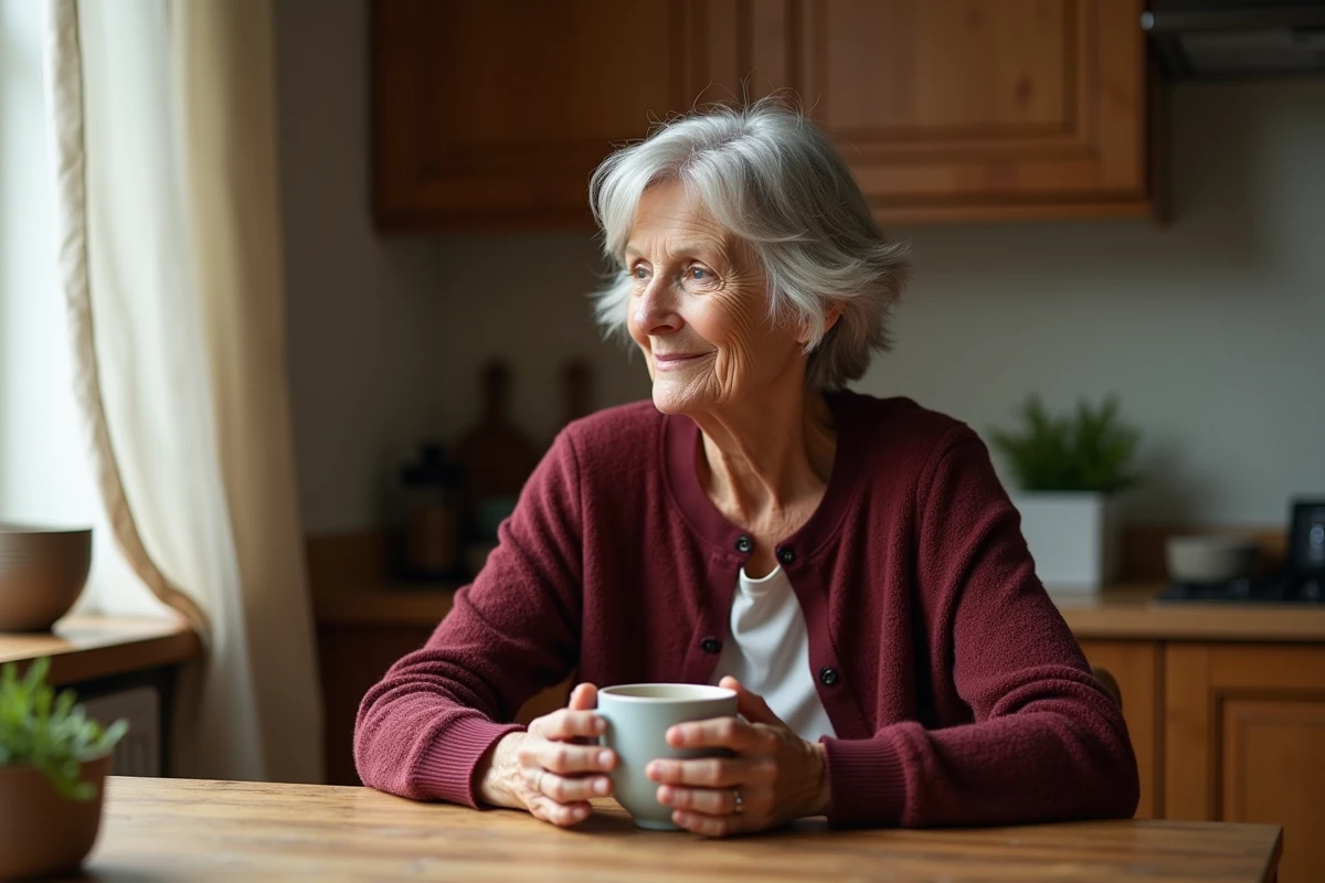 Femme de 65 ans avec une coupe courte sel et poivre assise dans une cuisine chaleureuse tenant un café, illustrant comment une coupe courte peut rajeunir naturellement le visage féminin
