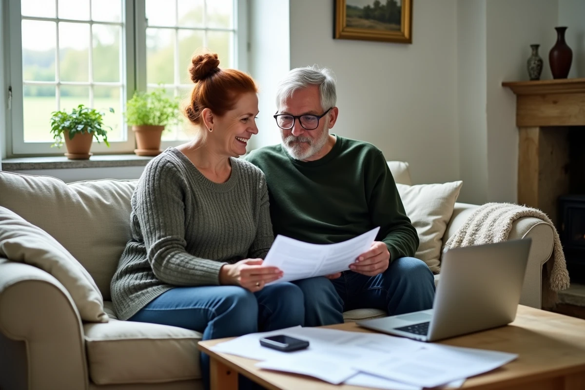 Couple de retraités étudiant ensemble les documents Carsat pour une retraite anticipée dans un cottage normand