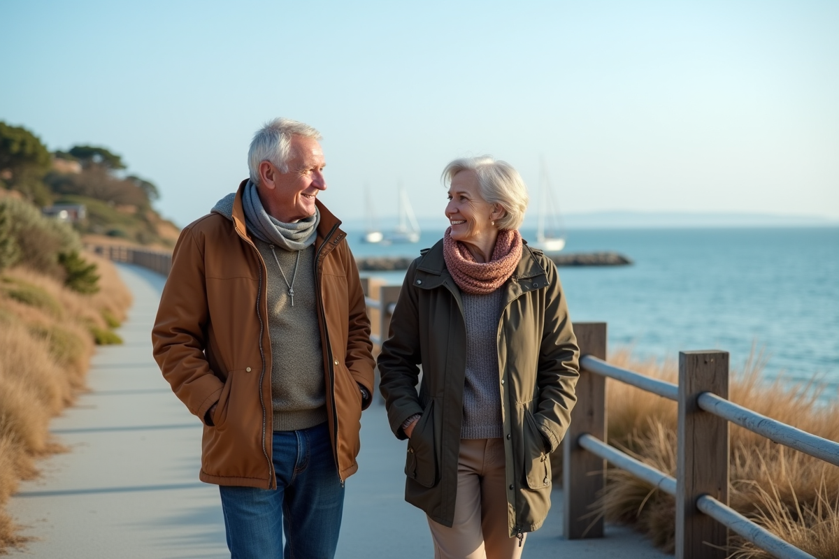 Couple retraité se promenant au bord de la mer