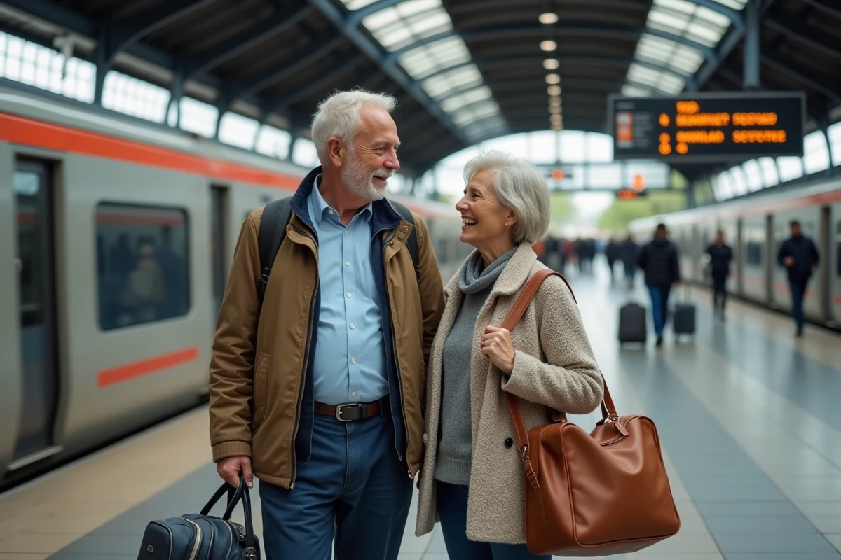 Couple de retraités SNCF sur un quai de gare avec leurs bagages, bénéficiant du pass Carmillon