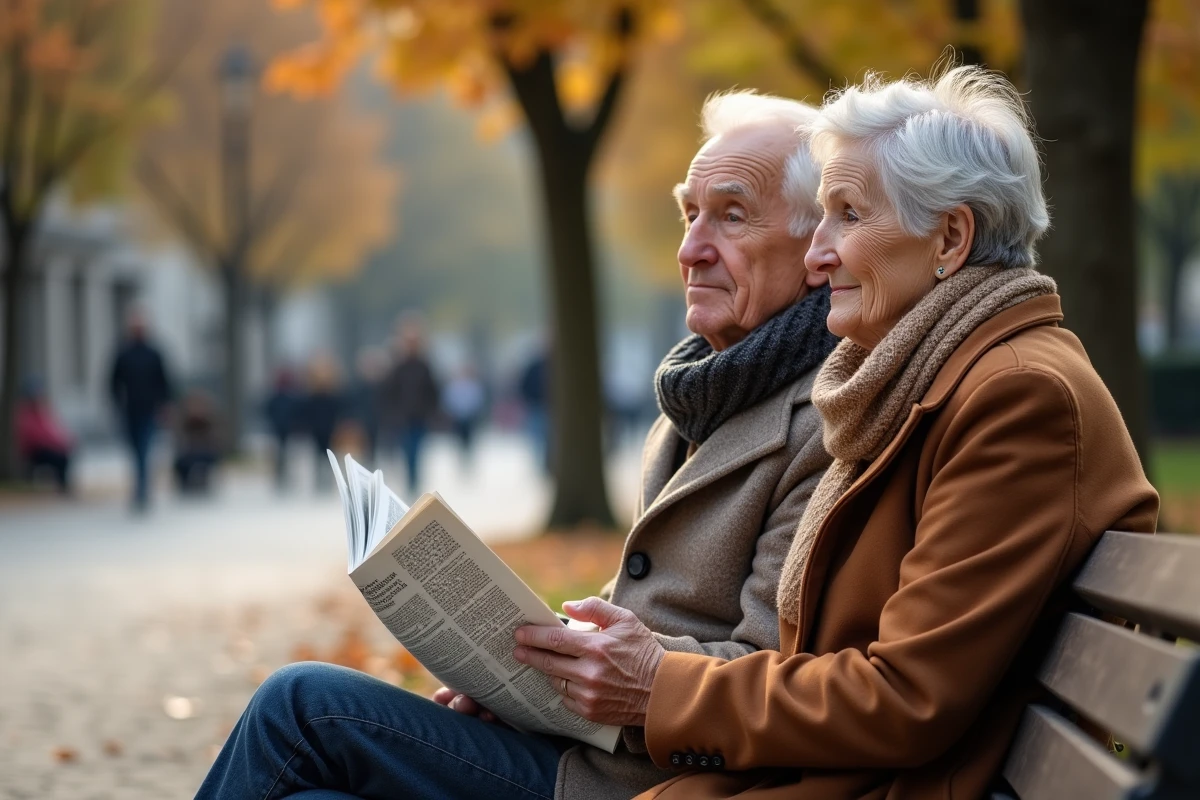 Couple de retraités assis sur un banc de parc évoquant leur situation financière à la retraite