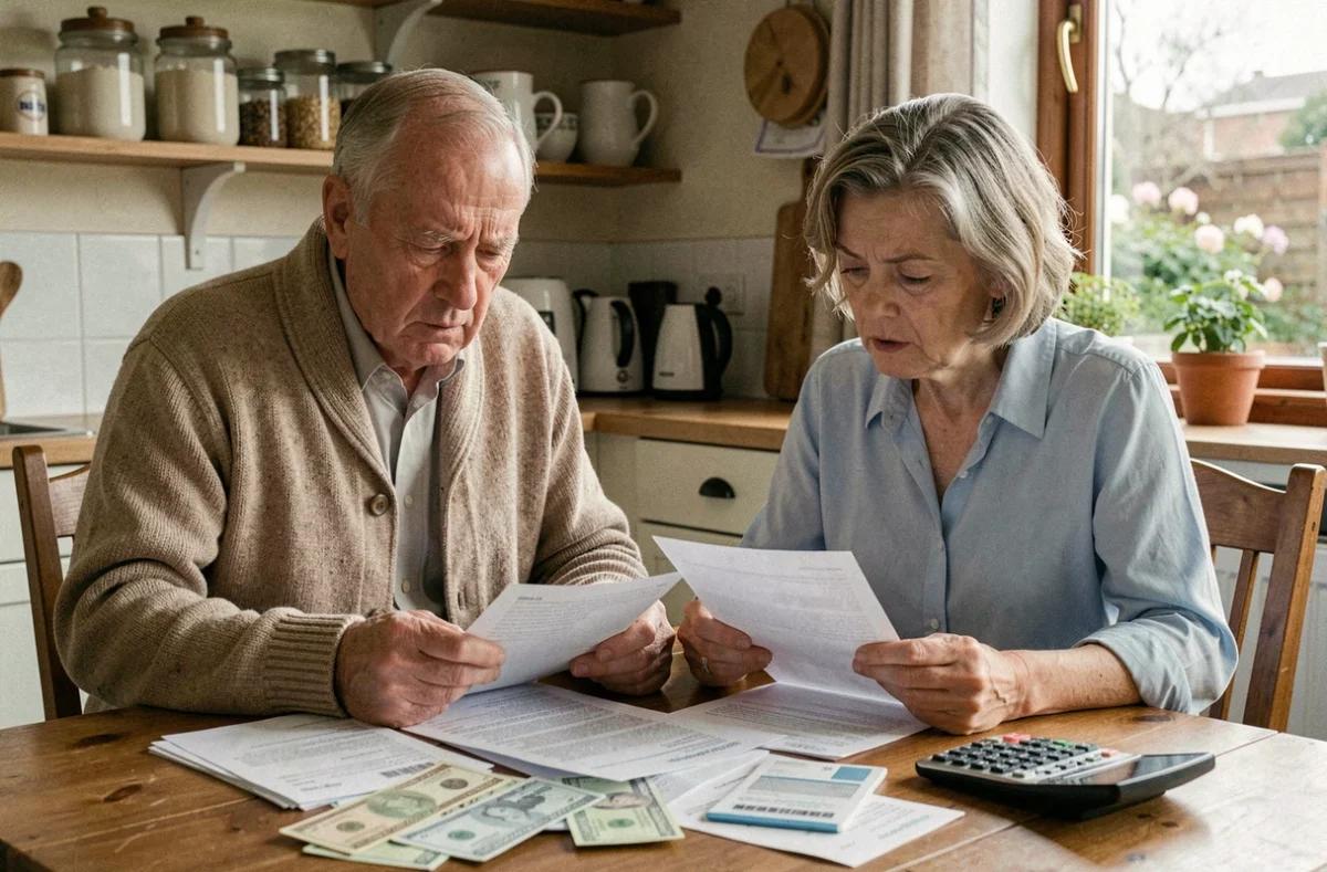 Couple de retraités examinant leurs relevés de pension et leurs factures à la table de cuisine, illustrant les préoccupations liées au pouvoir d'achat et à la revalorisation des retraites Agirc-Arrco en 2026