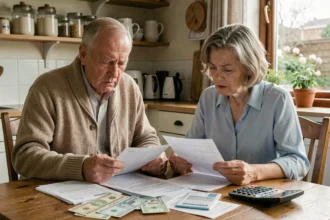 Couple de retraités examinant leurs relevés de pension et leurs factures à la table de cuisine, illustrant les préoccupations liées au pouvoir d'achat et à la revalorisation des retraites Agirc-Arrco en 2026